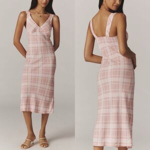 Reformation Beauden Sleeveless V Neck Crepe Midi Dress Plaid Pink White M